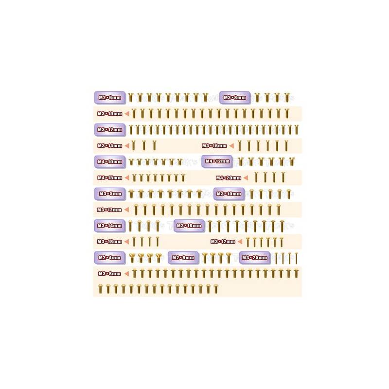 Gold Plated Steel UFO Screw Set 195pcs. ( For Mugen MBX8R ) Gold Plated Steel UFO Screw Set 195pcs. ( For Mugen MBX8R )