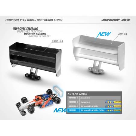 X1 COMPOSITE REAR WING - LIGHTWEIGHT & WIDE - WHITE - XRAY