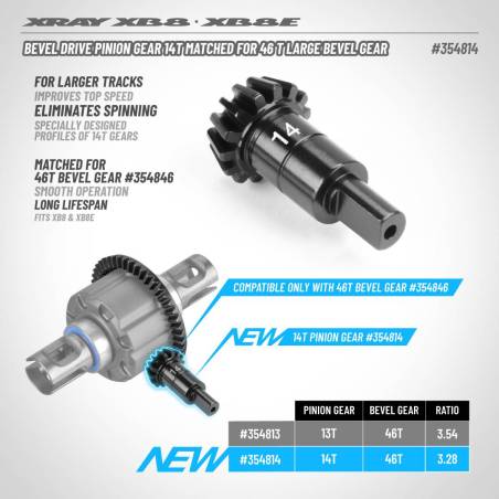 BEVEL DRIVE PINION GEAR 14T -FOR 46T LARGE BEVEL GEAR - XRAY - 354814
