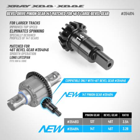 BEVEL DRIVE PINION GEAR 14T -FOR 46T LARGE BEVEL GEAR - XRAY - 354814