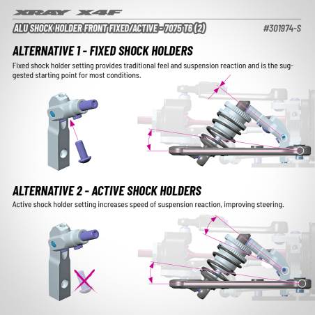 X4F'25 ALU SHOCK HOLDER FRONT FIXED/ACTIVE (2) - XRAY - 301974-S