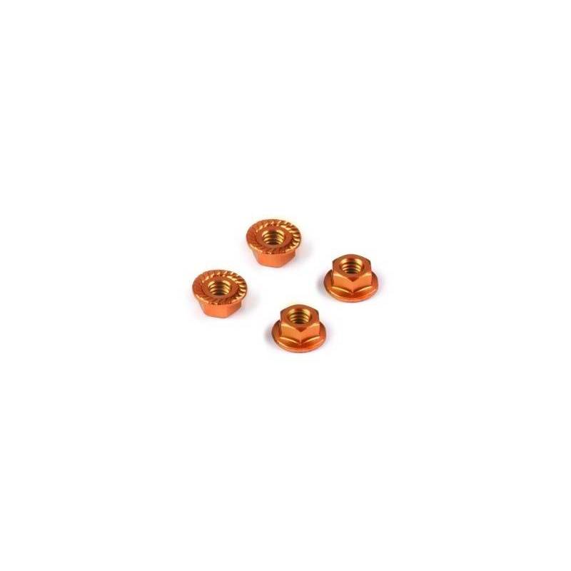 Tuerca M4 serrada labio naranja HUDY. Referencia 296541-O.