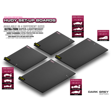 Tabla setup plana 1/10 1/12 On-Road gris oscuro HUDY. Referencia 108303.