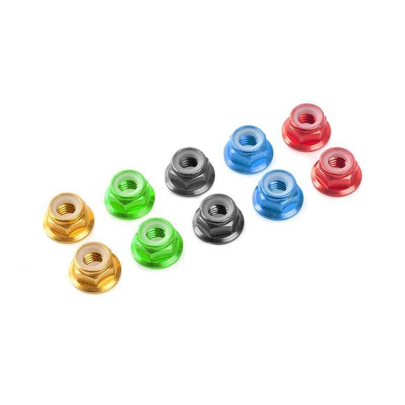 Tuerca autoblocante M3 morado con labio 10 piezas Team Corally. Ref. C-31122