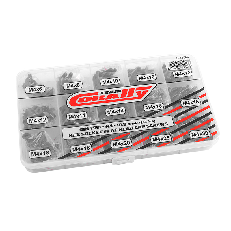 Conjunto tornillos M4 cabeza botón acero negro 375 piezas Team Corally. Ref. C-38506