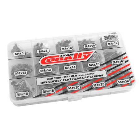Conjunto tornillos M4 cabeza botón acero negro 375 piezas Team Corally. Ref. C-38506
