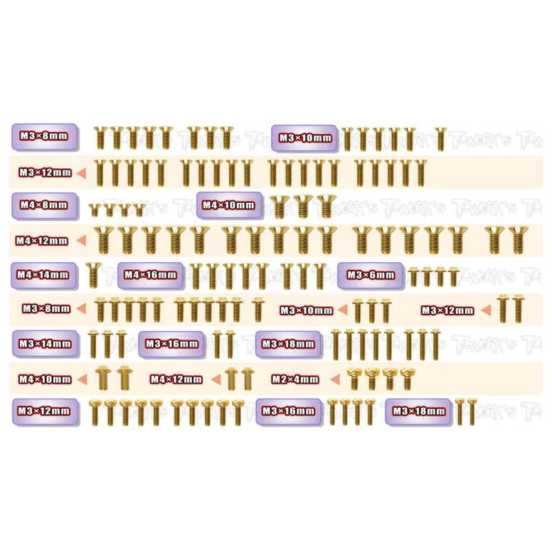 Set Tornilleria Dorada Cabeza UFO Tworks para Xray XB8'26 (124pcs.). Ref. GSSU-XB8E´26